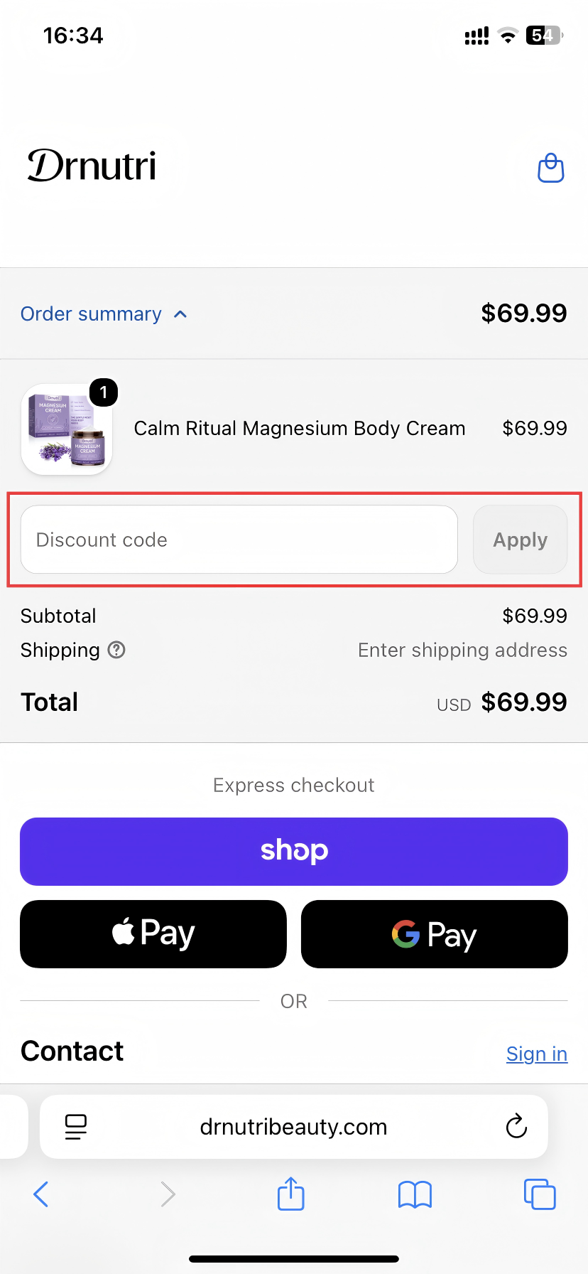 Drnutri checkout page showing the discount code field in the order summary