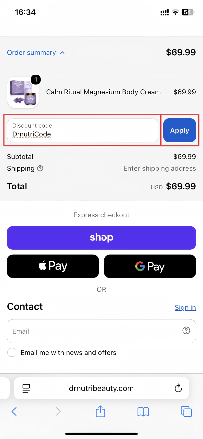 Drnutri checkout page showing a discount code entered with the Apply button
