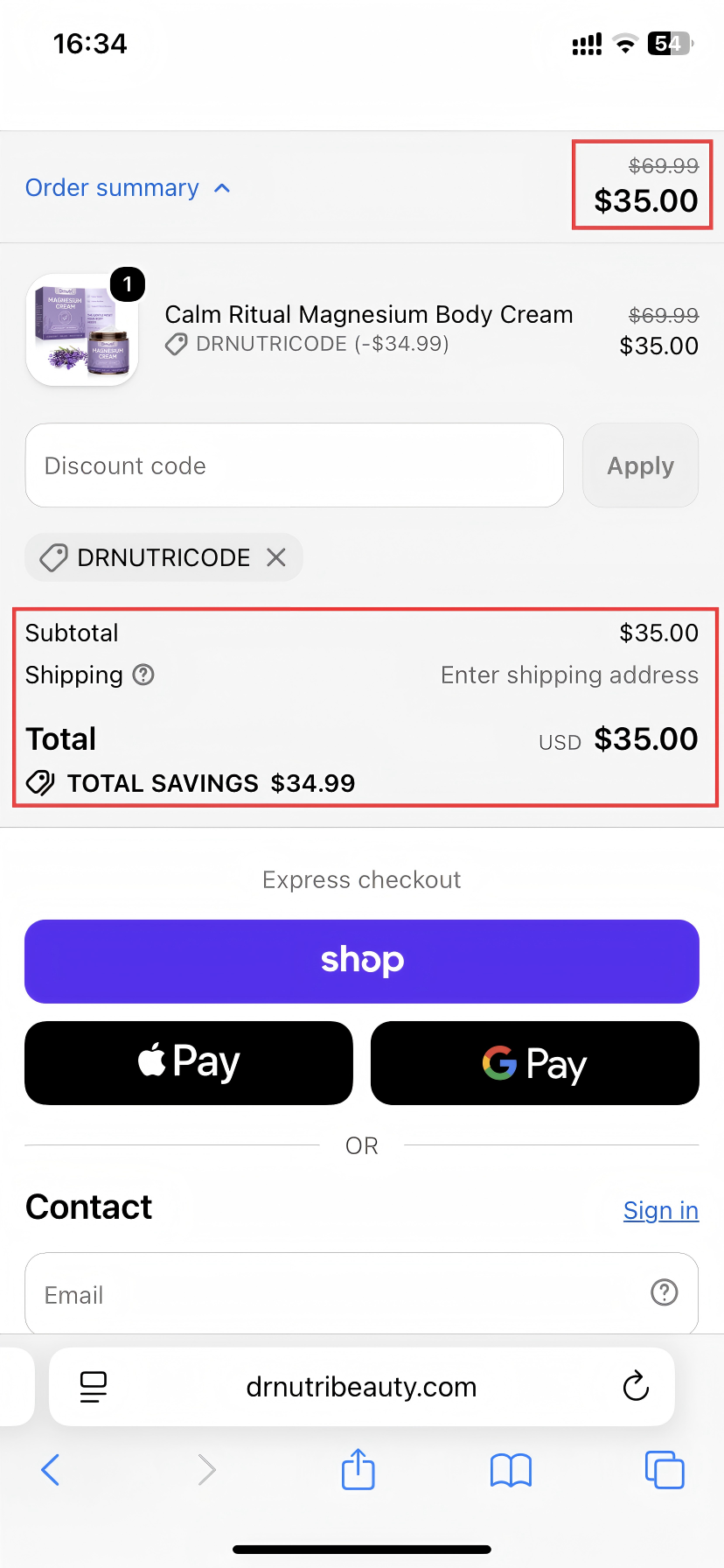Drnutri checkout page showing an applied discount code, total savings, and updated order total