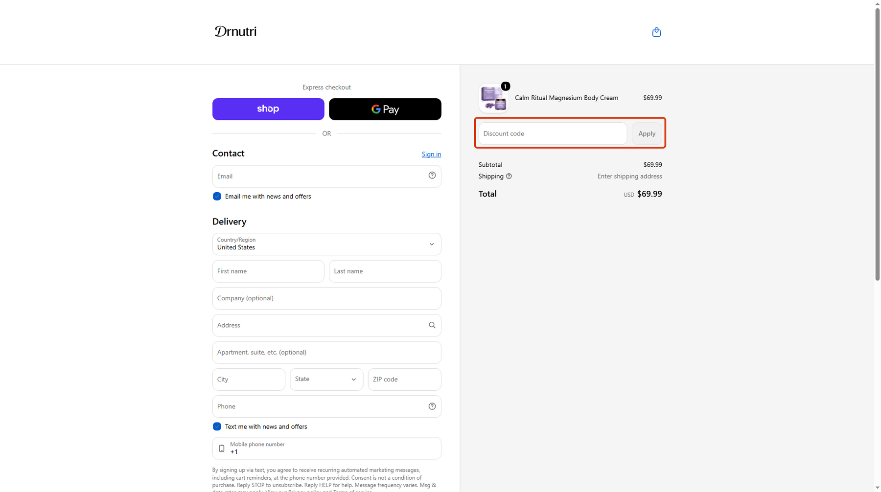 Drnutri checkout page showing the discount code field in the order summary