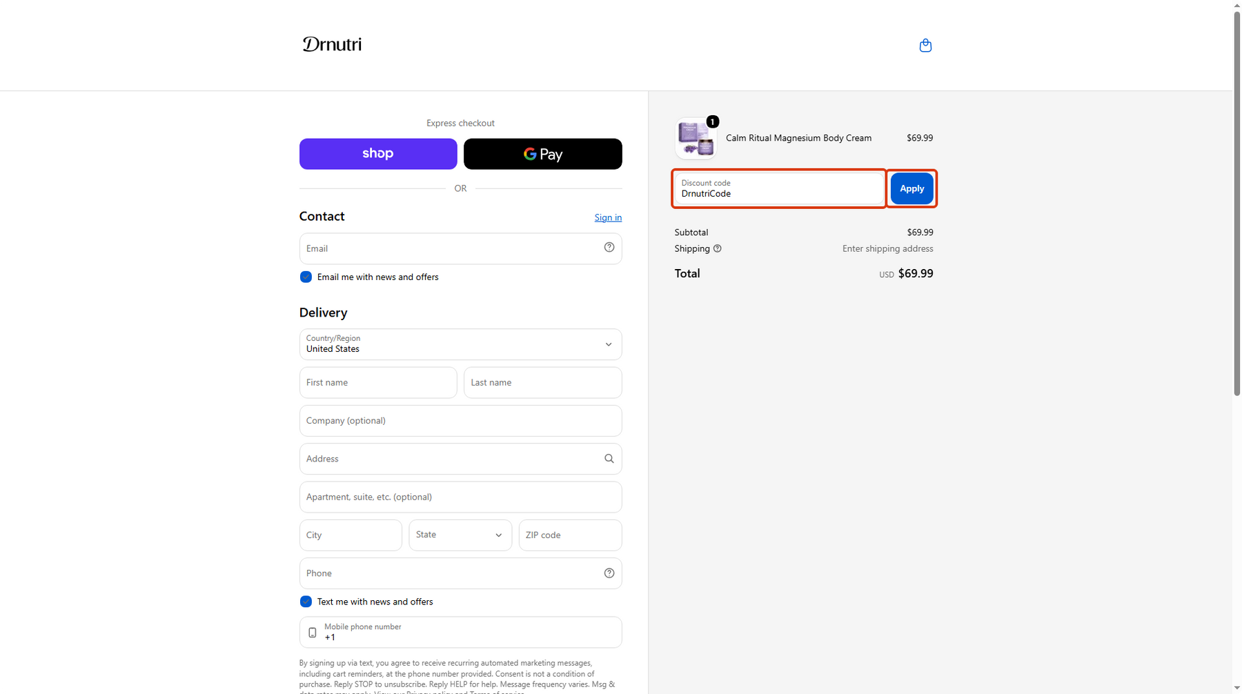 Drnutri checkout page showing a discount code entered with the Apply button