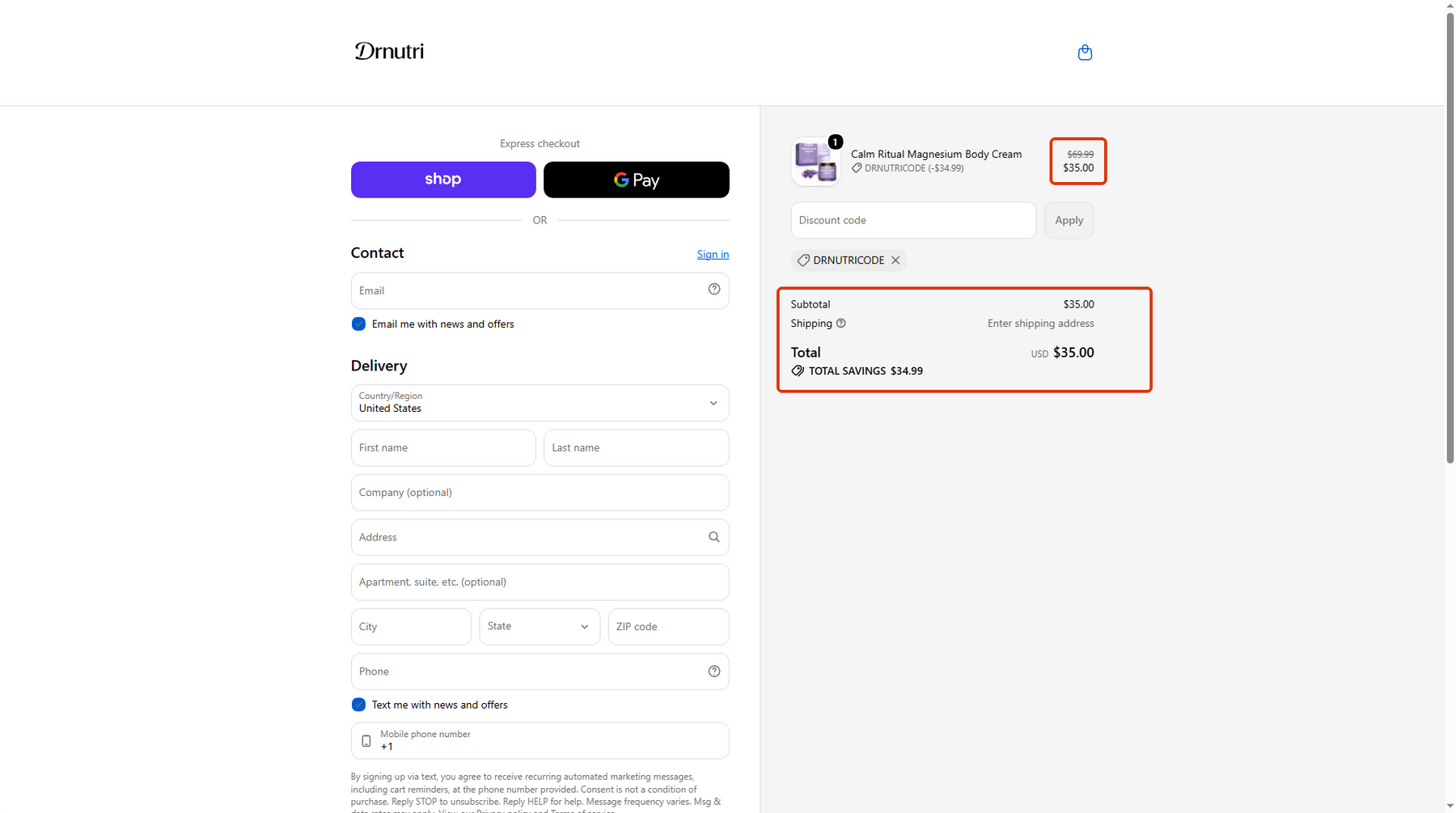 Drnutri checkout page showing an applied discount code, total savings, and updated order total