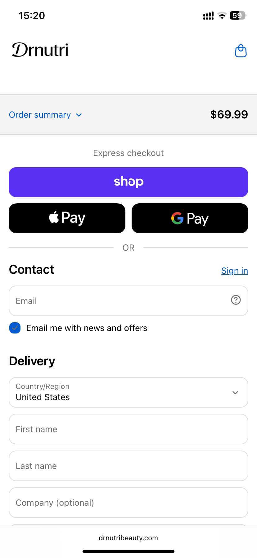 Drnutri desktop checkout showing express checkout, discount code, and standard checkout options