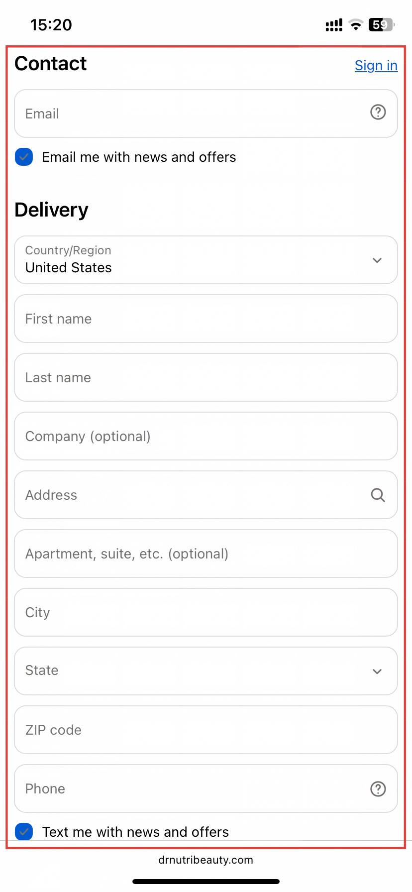 Drnutri desktop checkout delivery form with shipping address and contact information fields