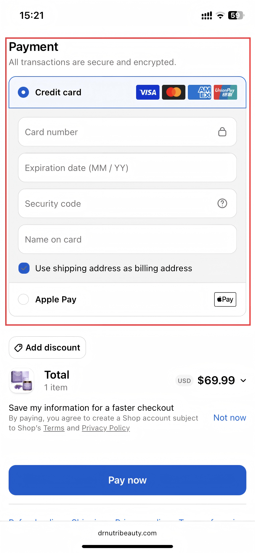 Drnutri desktop checkout showing credit card fields, billing address option, and Pay now button