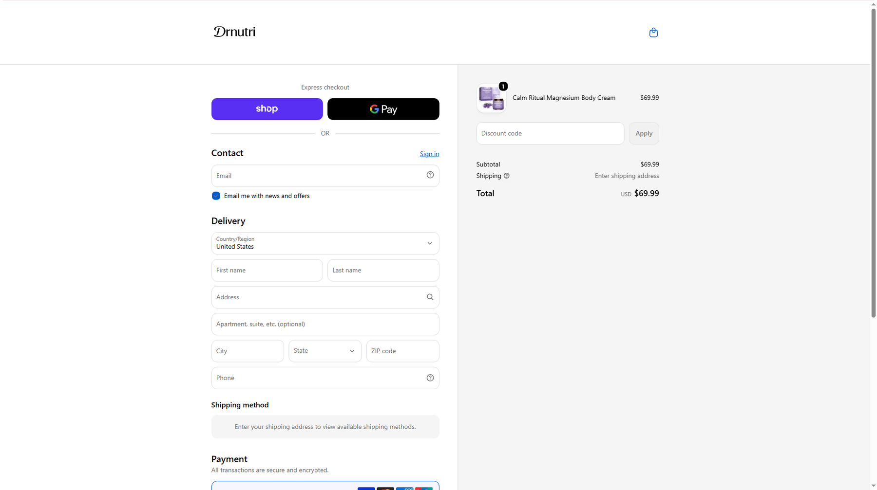 Drnutri desktop checkout showing express checkout, discount code, and standard checkout options