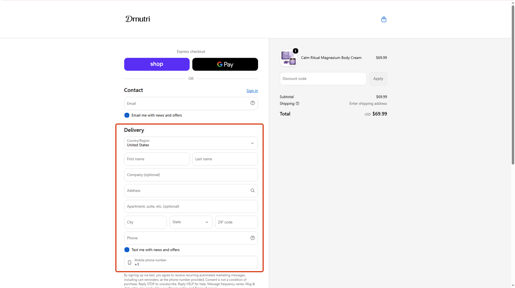 Drnutri desktop checkout delivery form with shipping address and contact information fields