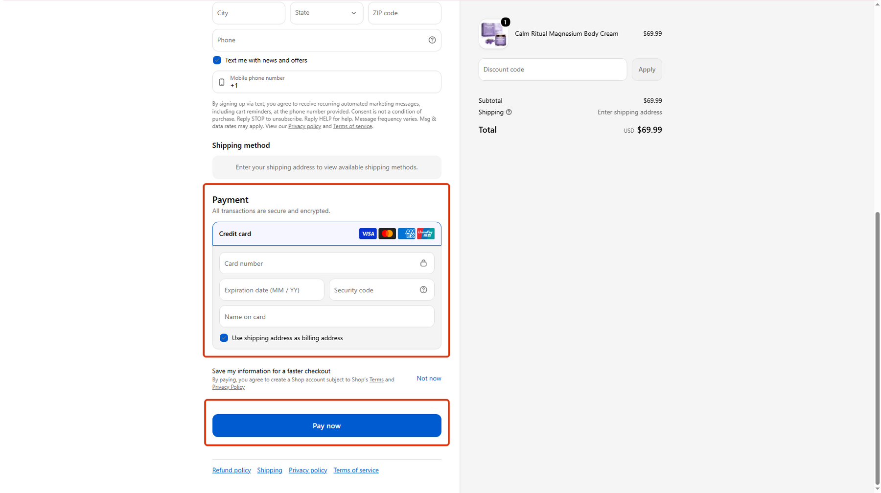 Drnutri desktop checkout showing credit card fields, billing address option, and Pay now button
